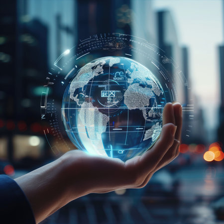 Hand holding a holographic globe with dynamic overlays against a city backdropの素材