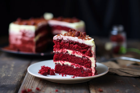 Delicious slice of red velvet cake with cream cheese frostingの素材
