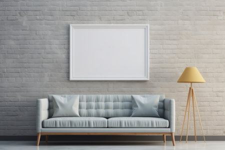 A modern minimalist living room with a couch and a blank frame on a brick wallの素材