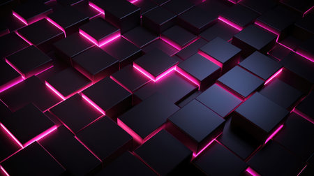 3d rendering, abstract black metal faceted background with modern geometric texture, pink glowing neon light, square tileの素材