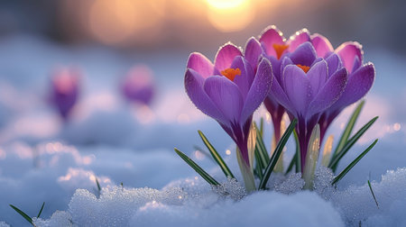 Purple crocuses bloom through the melting snow at sunsetの素材