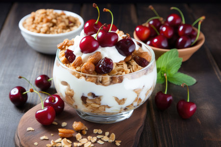 Delicious yogurt parfait with fresh cherries and granola in a clear bowlの素材