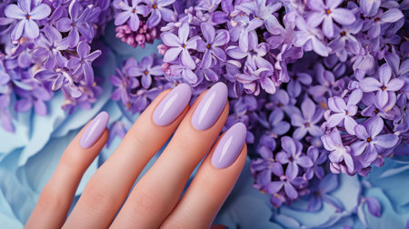 Photos of the design of purple nails on the hands, advertising the color of the nailsの素材