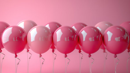 Soft focus on a uniform row of pink balloons with a reflective surfaceの素材