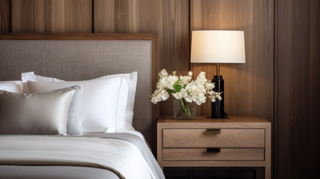 Bedside drawer bedside table next to the bed with a headboard made of gray fabric on the background of a wood-paneled wallの素材