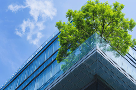 An eco-friendly building in a modern city. Office building made of environmentally friendly glass to reduce carbon dioxideの素材