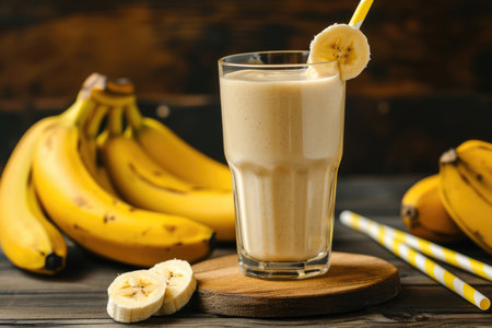 A refreshing banana smoothie in a glass with a striped straw, bananas in the backgroundの素材
