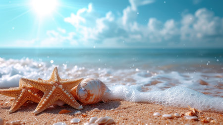 Starfish alongside a seashell on the sandy shore, with foamy sea water nearbyの素材