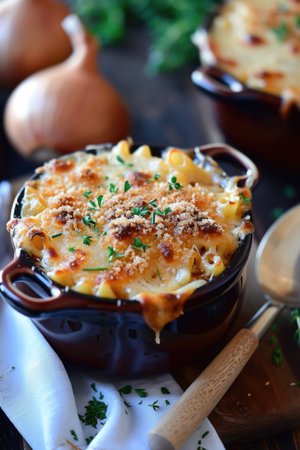 Golden-brown macaroni cheese served in a rustic pot, garnished with herbsの素材