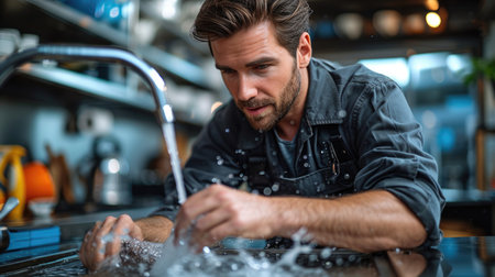 Concentrated male plumber working on a sink with water splashing aroundの素材