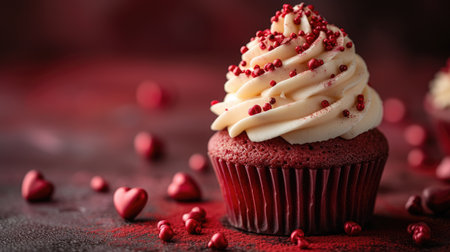 A red velvet cupcake with swirls of creamy frosting and delicate red sprinkles, perfect for Valentine's Dayの素材