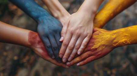 United hands painted in different colors, symbolizing diversityの素材