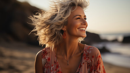 A happy senior woman with windswept hair smiles brightly at the beachの素材