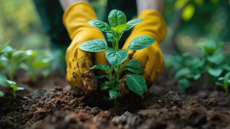 Close-up of hands with yellow gloves planting a green seedling in fertile soilの素材