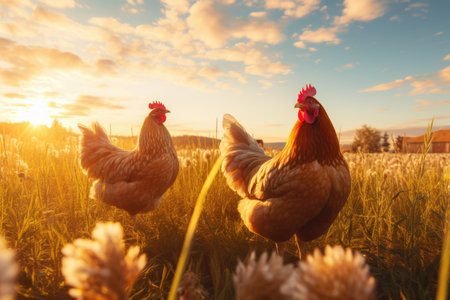 Two chickens in a field during a stunning golden hour sunsetの素材
