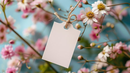 A pristine white tag tied with twine, floating among delicate pink blossomsの素材