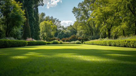 Tranquil green park with neatly trimmed hedges and towering trees on a sunny dayの素材