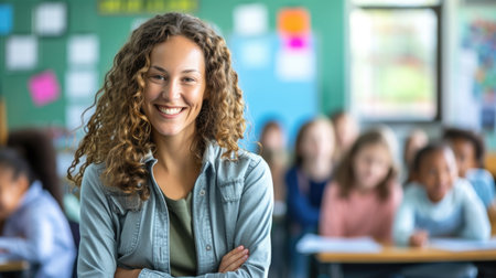 Cheerful female teacher with curly hair smiling in a vibrant classroomの素材