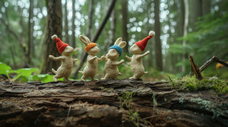 Felt bunnies with festive hats dancing on a mossy log in the woodsの素材