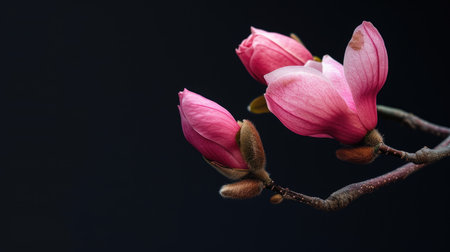Elegant pink magnolia flowers blooming, isolated on a dark backgroundの素材