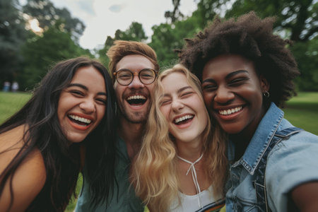 Multiethnic group of friends taking a fun selfie in the park.の素材