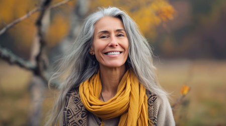 Radiant senior woman with gray hair enjoying an autumn day outdoorsの素材