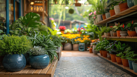 Indoor garden center with a variety of potted plants and flowers on wooden shelvesの素材