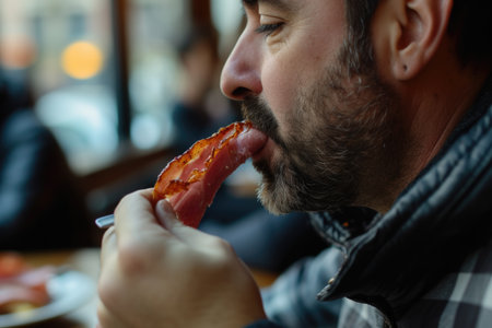 Man tasting a glazed bacon slice with enjoymentの素材