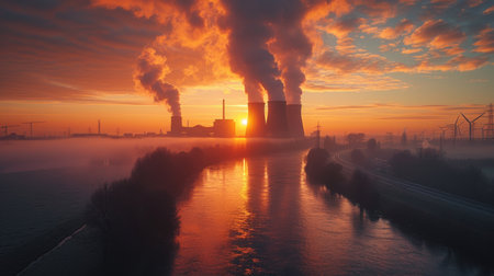 Cooling towers and turbine winds stand by a river at sunrise, enveloped in mistの素材