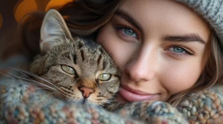 Woman embracing cat with affection. Close-up portrait with a pet. Companionship and animal care concept. Design for pet care brochure, animal love bannerの素材