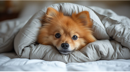 Pomeranian dog wrapped in a quilt. Pet comfort and relaxation concept. Home interior theme for design and greeting card. Close-up portrait with soft focusの素材