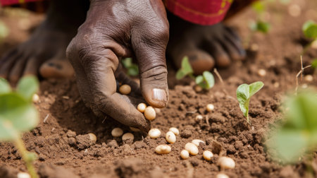 Hand planting seeds in soil. Close-up agricultural activity. Sustainable agriculture and growth concept. Design for educational content, agriculture guides, eco-friendly farming practicesの素材