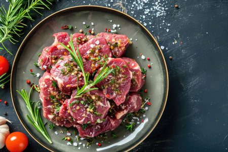 Fresh raw beef steaks garnished with rosemary and spices on a dark plateの素材