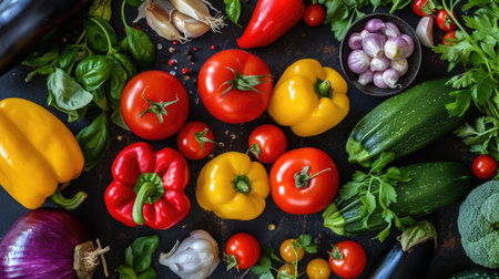 Vibrant vegetables and herbs arranged on a dark, contrasting surfaceの素材