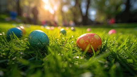 Colorful Easter eggs nestled in vibrant green grassの素材