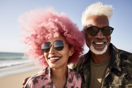 Joyful couple with stylish pink and white hair on beach, wearing sunglasses. Portrait with ocean view. Happiness and relationship conceptの素材