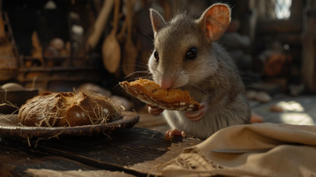 Curious wild mouse nibbling on a slice of rustic bread. Animal in human habitat scene. Wildlife and human interaction conceptの素材