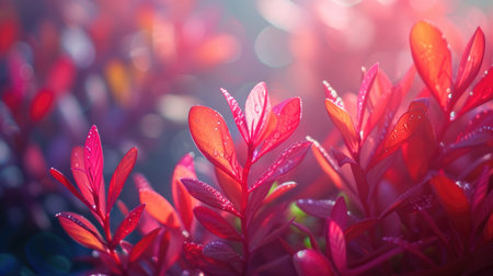 Glistening Raindrops on Vibrant Red Plant Leavesの素材