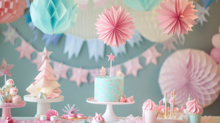 Pastel-Colored Birthday Party Decorations with Cake and Paper Ornamentsの素材
