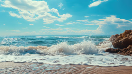 Sunny Beach Scenery with Waves Crashing on Rocksの素材