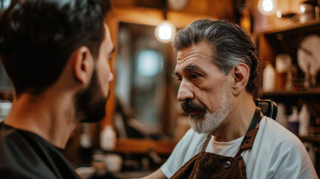 Barber looking at client in barber shop. Professional grooming and hairstyle concept. Close-up portrait with shallow depth of fieldの素材