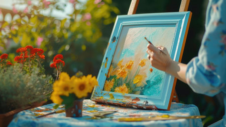 Artist painting vibrant sunflowers on a canvas outdoorsの素材