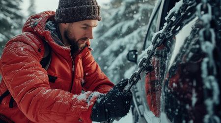 Man attaching snow chains to car tires in snowy weather. Winter safety and preparation concept. Outdoor shot with selective focus for design and printの素材