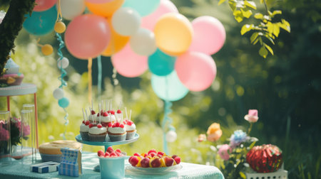 Colorful outdoor celebration with balloons and dessert tableの素材