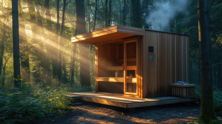 Modern Sauna Cabin in Misty Forest Bathed in Morning Sunlightの素材