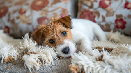 Adorable puppy lying on a torn and tattered vintage couchの素材
