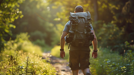 Man hiking in forest with backpack at sunset. Adventure and outdoor activity concept. Design for travel blog, poster. Back view photography with natural sunlightの素材