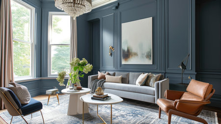 Sophisticated living room with blue walls and elegant decor. Interior design and luxury home concept.の素材