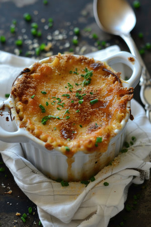 Baked macaroni and cheese in a white ramekin. Comfort food and gourmet cuisine conceptの素材