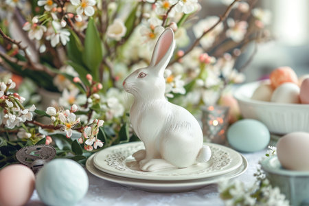 Easter table with easter eggs and spring flowers and a porcelain white figurine of a rabbitの素材